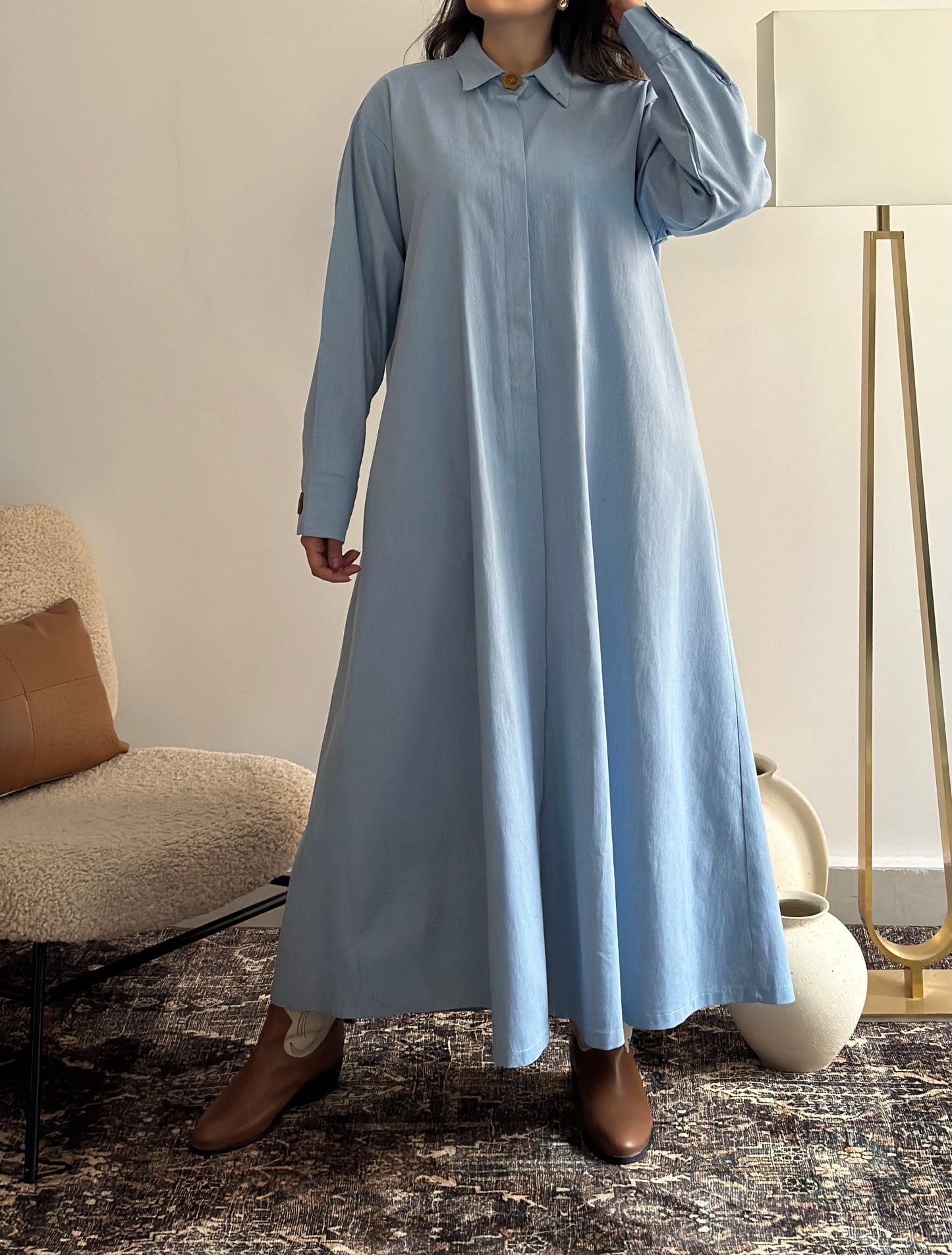 Washed Jeans Dress فستان دراعة جينز فاتح