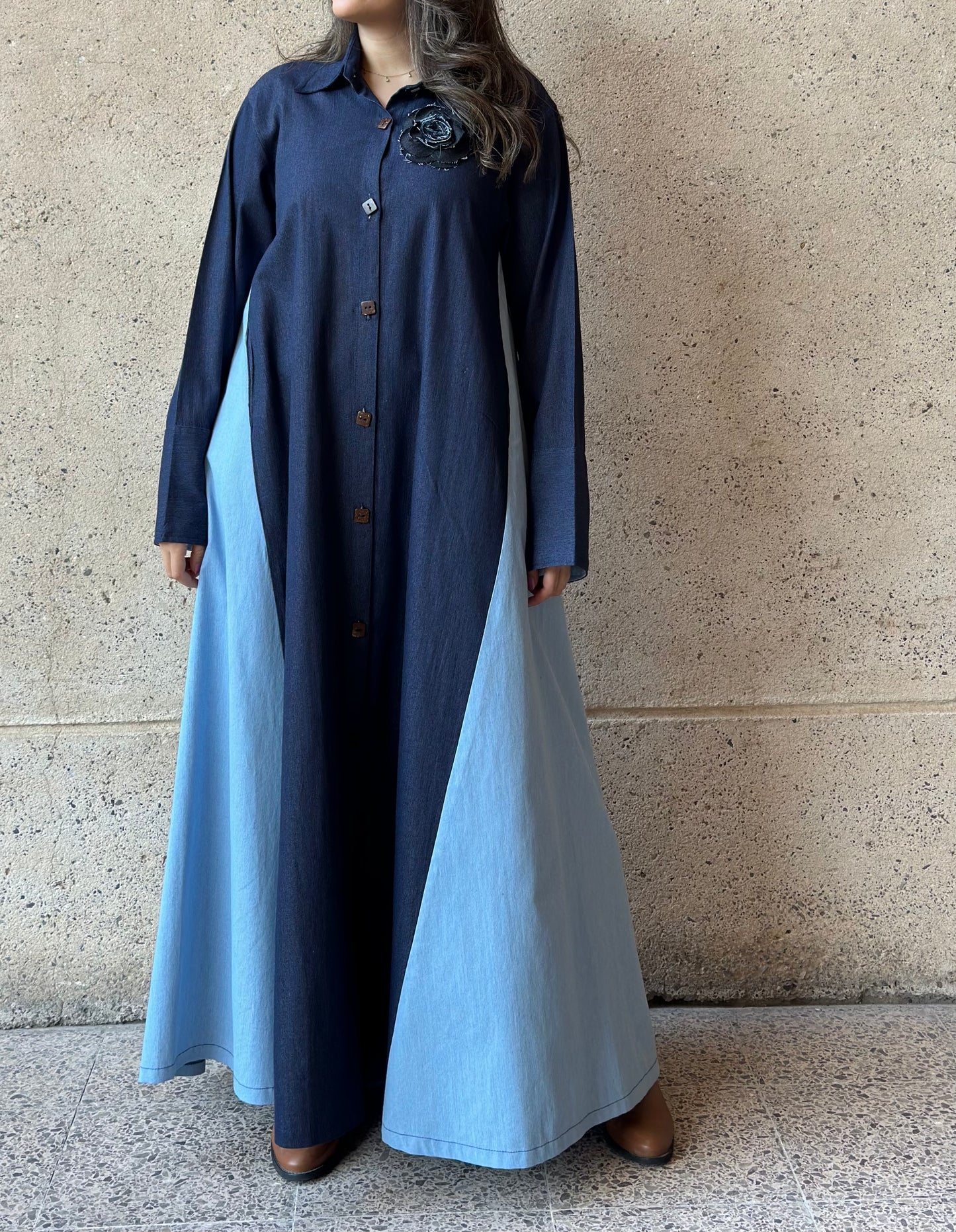 Two-Toned Denim فستان دراعه دينم لونين