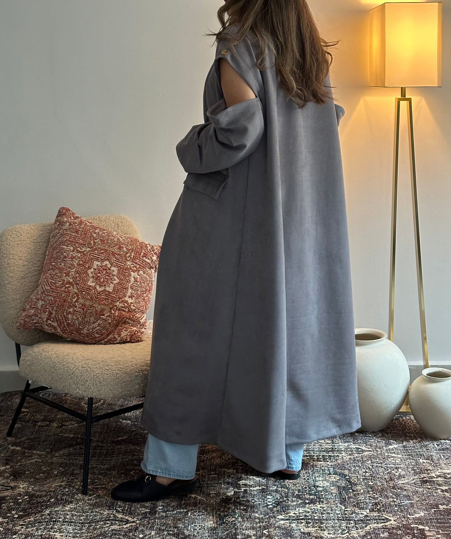 Ash Suede Shoulder Cut Trench Coat