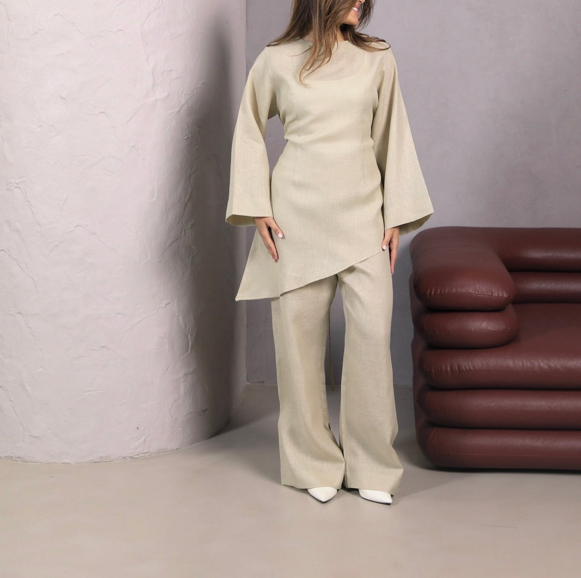 Flared Biege Set | طقم لينن بيج