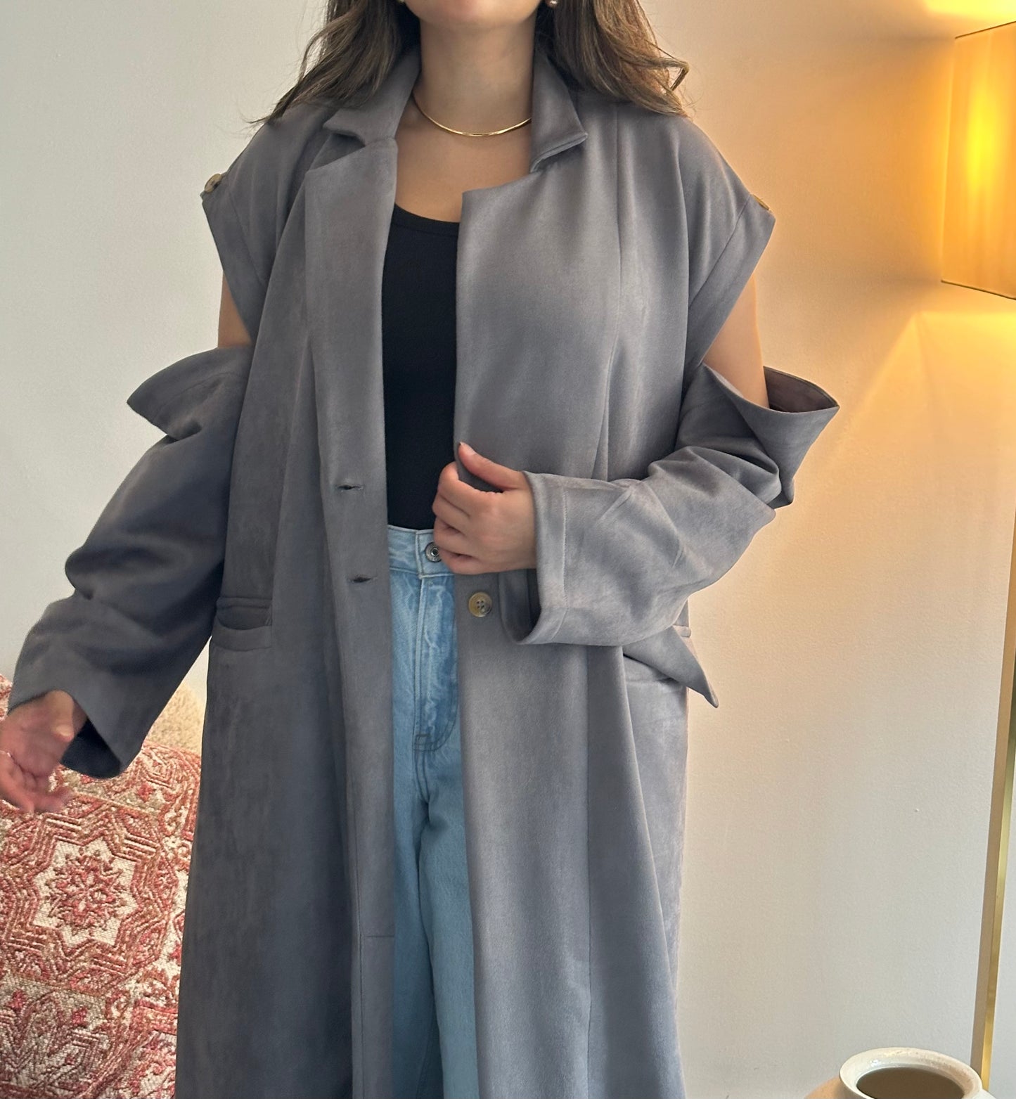 Ash Suede Shoulder Cut Trench Coat