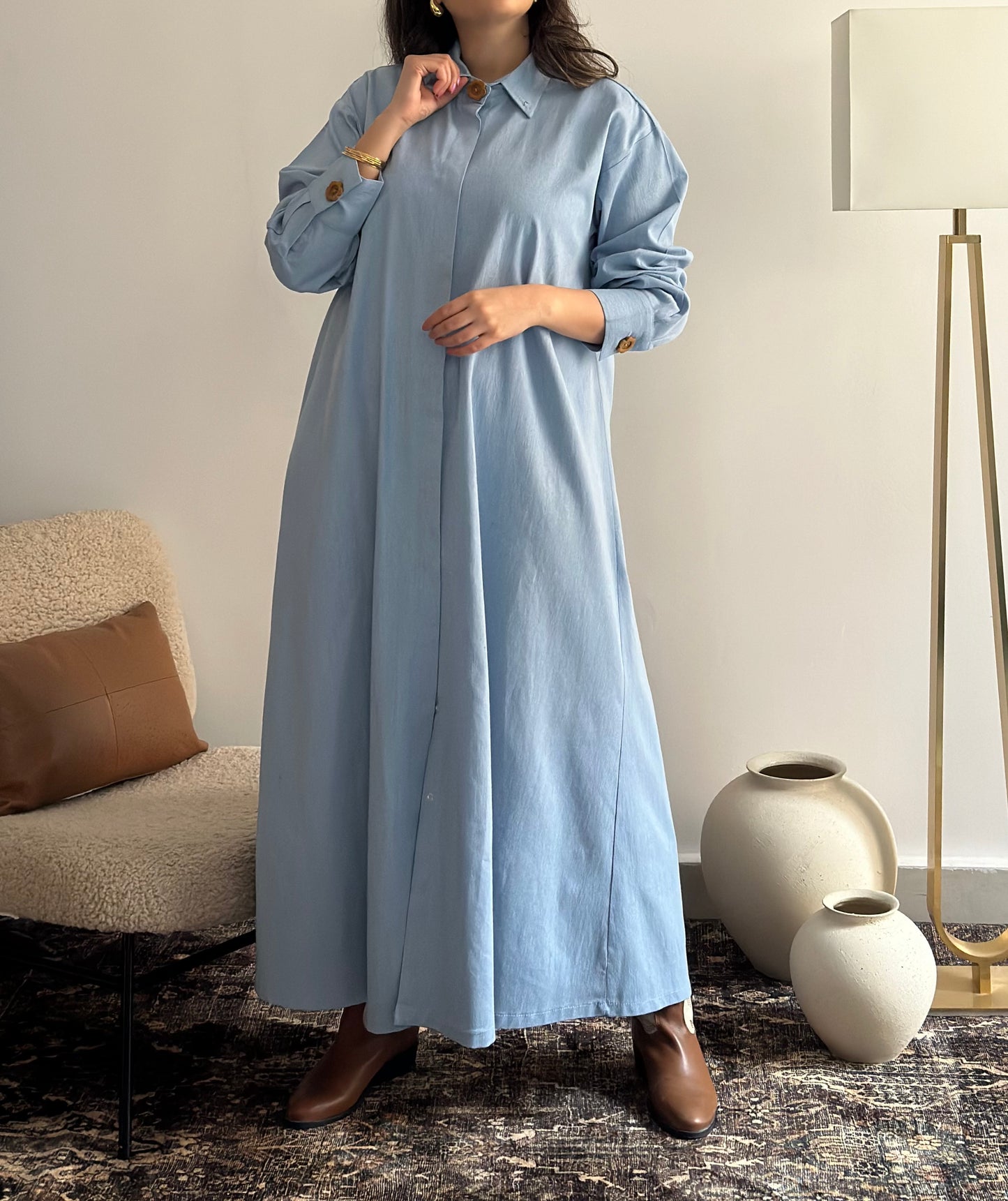 Washed Jeans Dress فستان دراعة جينز فاتح