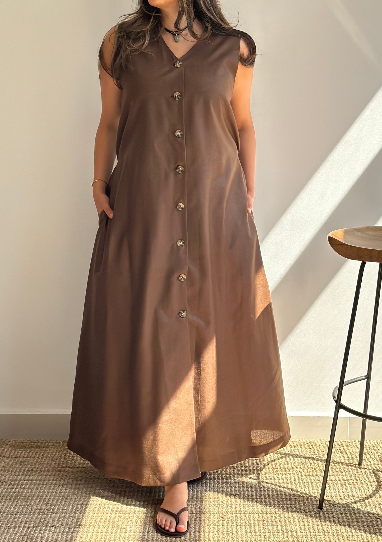 Saddle Linen Dress| فستان لينن بني