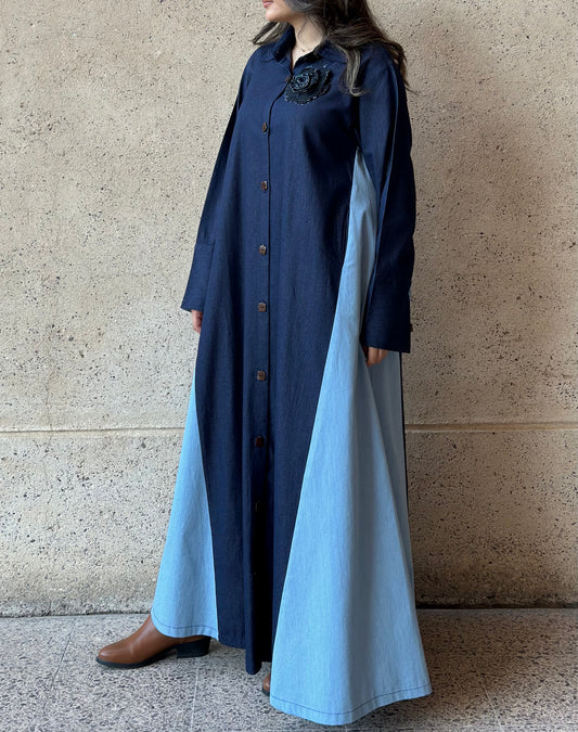 Two-Toned Denim فستان دراعه دينم لونين