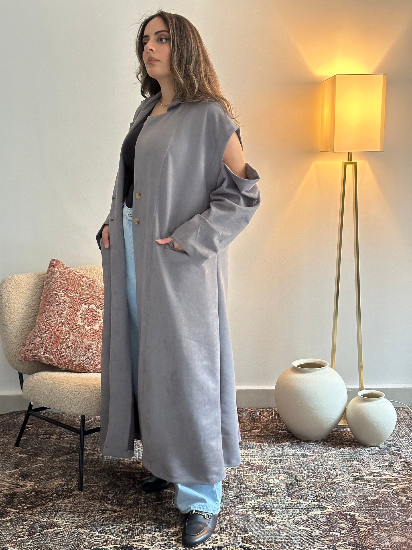 Ash Suede Shoulder Cut Trench Coat