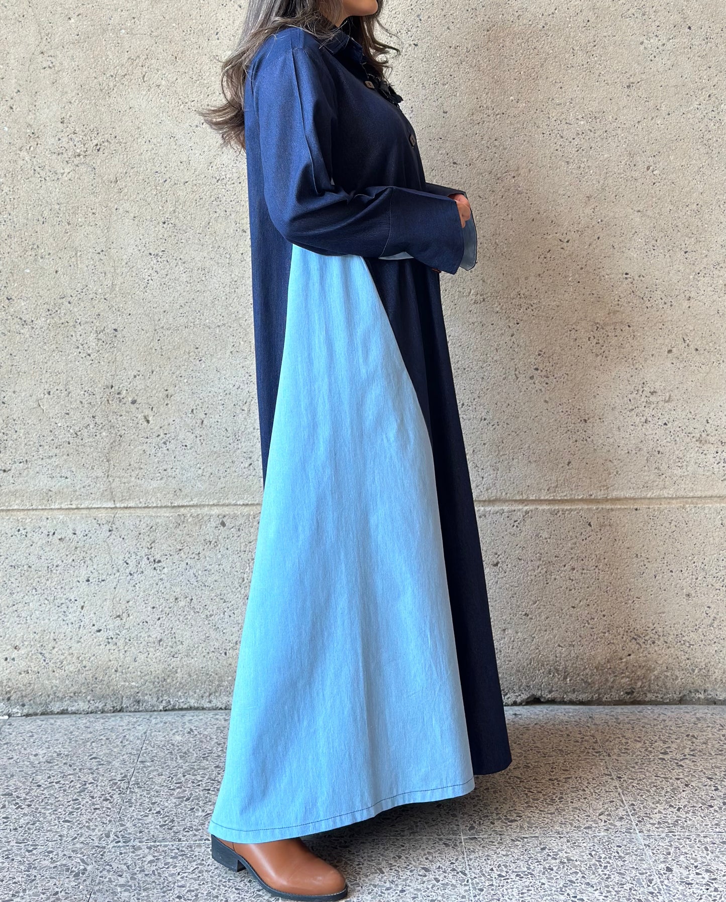 Two-Toned Denim فستان دراعه دينم لونين
