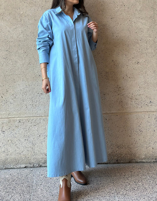 Washed Jeans Dress فستان دراعة جينز فاتح