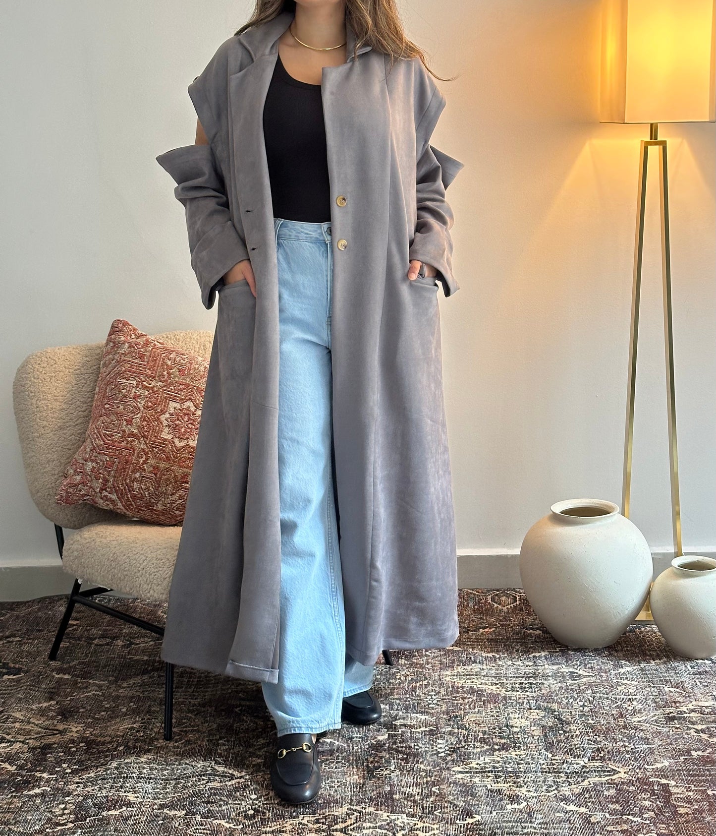 Ash Suede Shoulder Cut Trench Coat