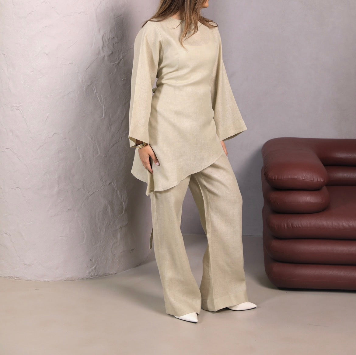 Flared Biege Set | طقم لينن بيج